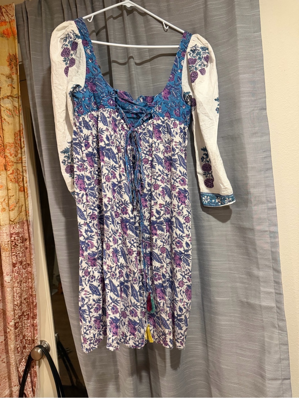 Bohemian Floral Lace-Up Midi Dress in Blue & Purple
